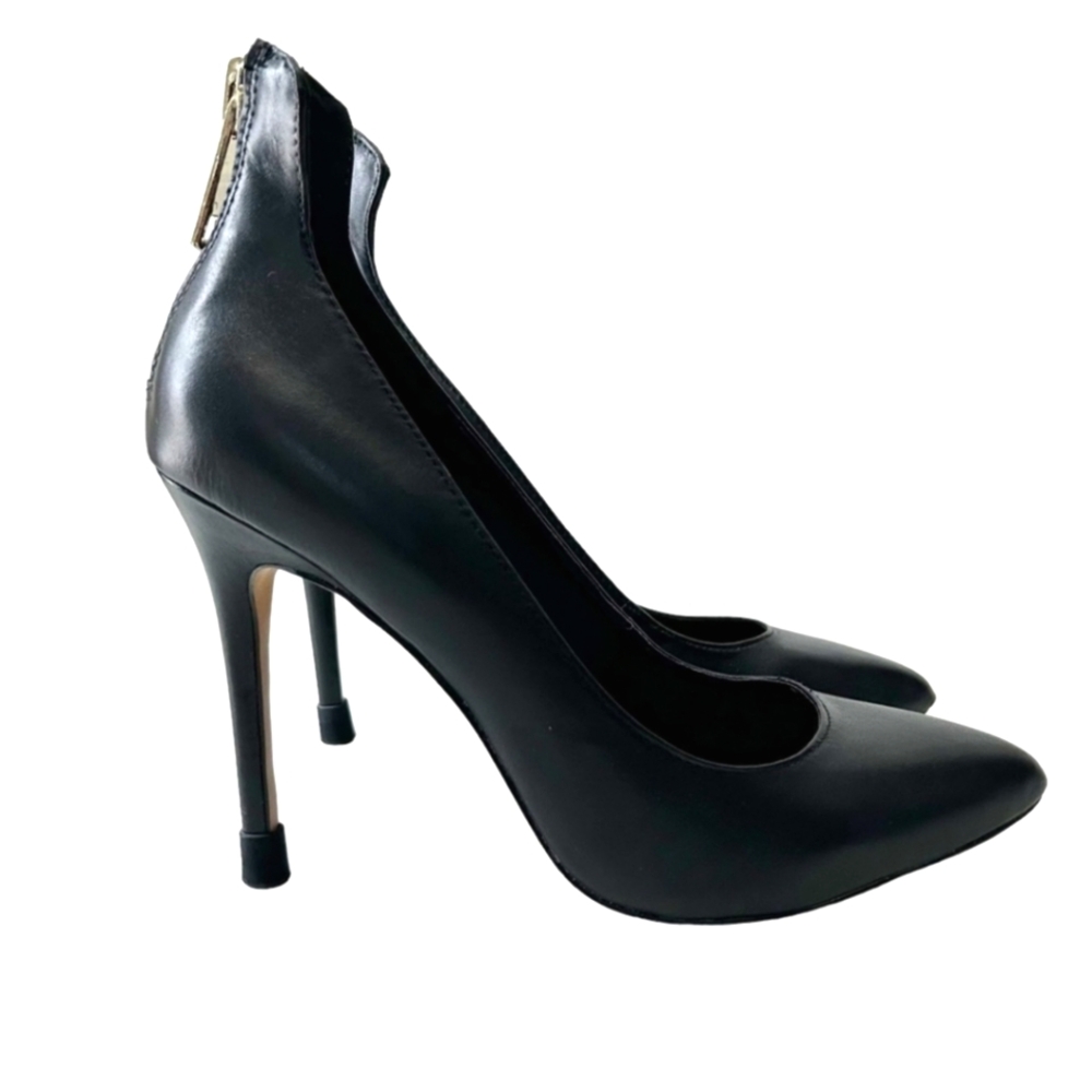 🍁 Aldo Black Leather Pumps Pointy Toe Stiletto High Heels Gold Zippers Size 7.5
